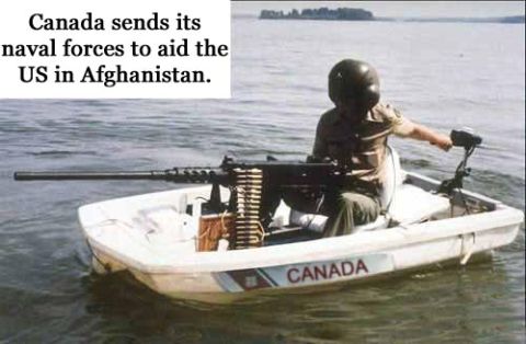 1990 Ford Bronco - A person in a small boat is armed with a machine gun, with the word CANADA visible on the side of the boat.