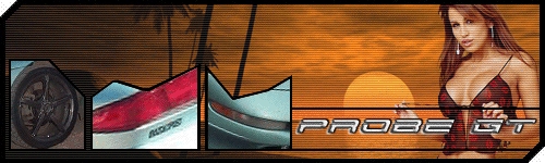 Probe GT graphic banner with wheel, taillight, bodywork insets and sunset background
