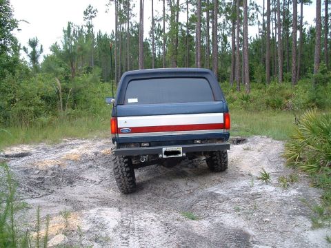 1995 Ford Bronco - A blue and red Ford Bronco is parked on a dirt path surrounded by trees.