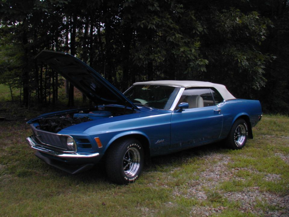 Blue 1970 Ford Mustang convertible with hood open