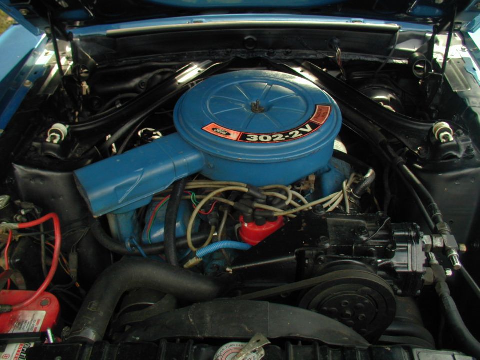 Close-up of a blue Ford 302-2V engine air cleaner assembly and engine components