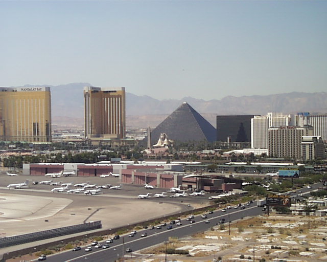 Las Vegas skyline Luxor Pyramid, Mandalay Bay, and an airport with planes