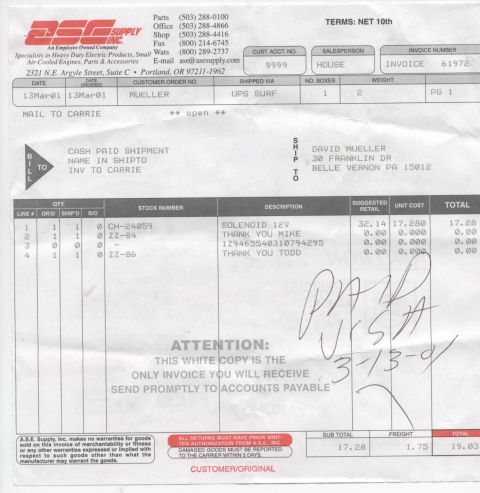 1986 Ford Bronco - Invoice for my solenoid for my dual battery setup.