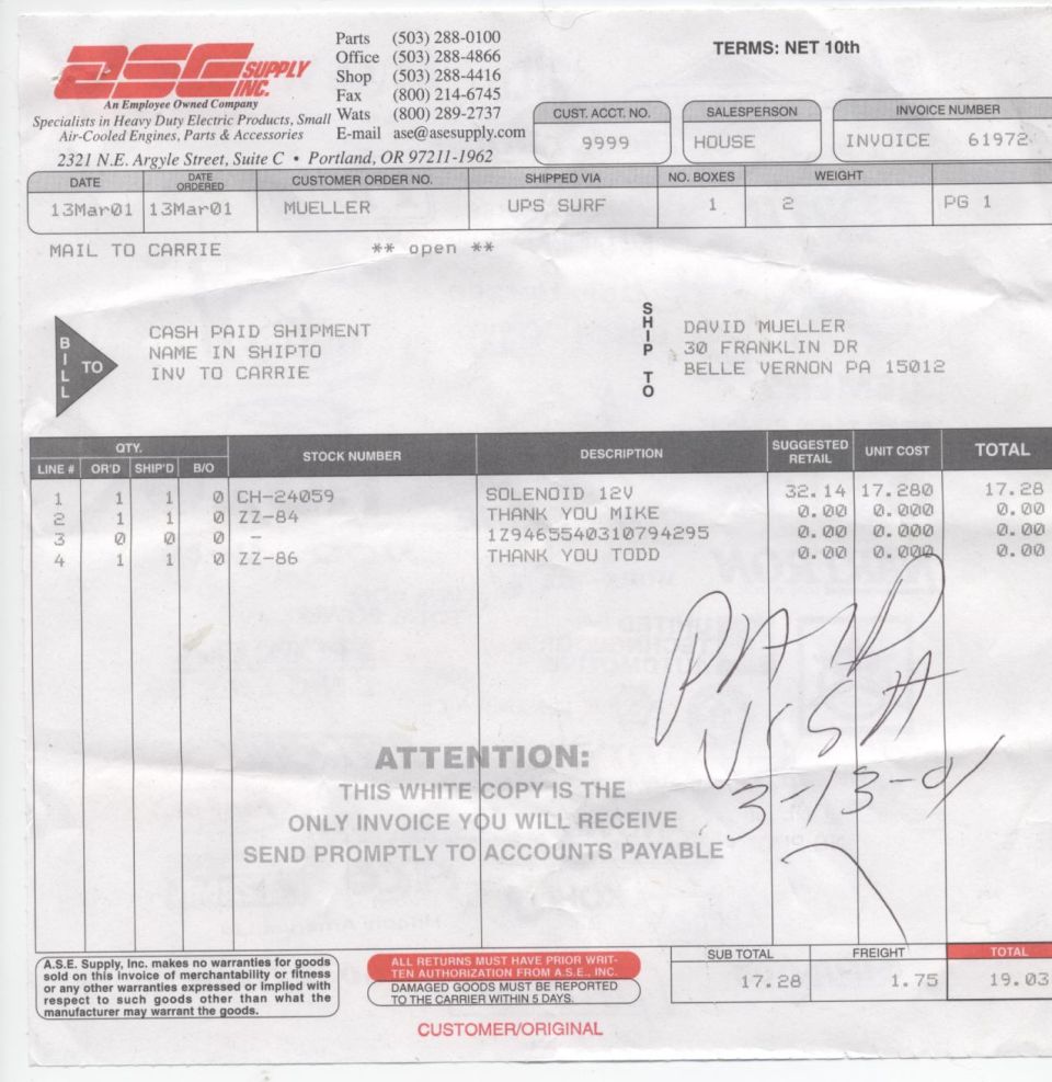 Invoice for my solenoid for my dual battery setup.