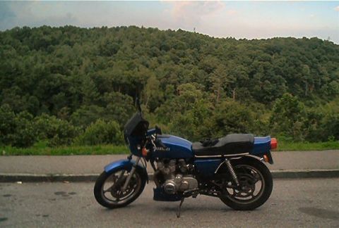 1985 Ford LTD Crown Victoria - A blue Suzuki motorcycle is parked on the side of the road with a dense forest covering the hill behind it.