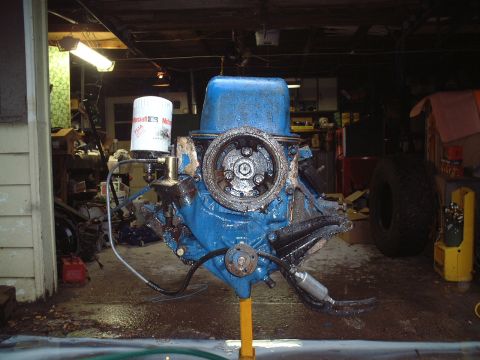 1967 Ford Galaxie - Engine block with oil filter, likely undergoing maintenance or restoration.