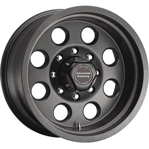 Matte gray 8-hole aluminum off-road wheel with American Racing center cap, studio shot