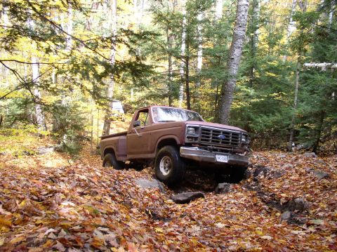 1980 Ford F-100 - A 1980 Ford F-100 navigates a rocky, leaf-strewn path through an autumn forest.