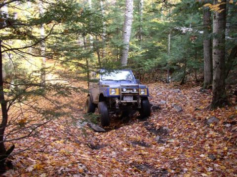 1980 Ford F-100 - A blue off-road vehicle navigates a wooded trail covered in fallen autumn leaves.