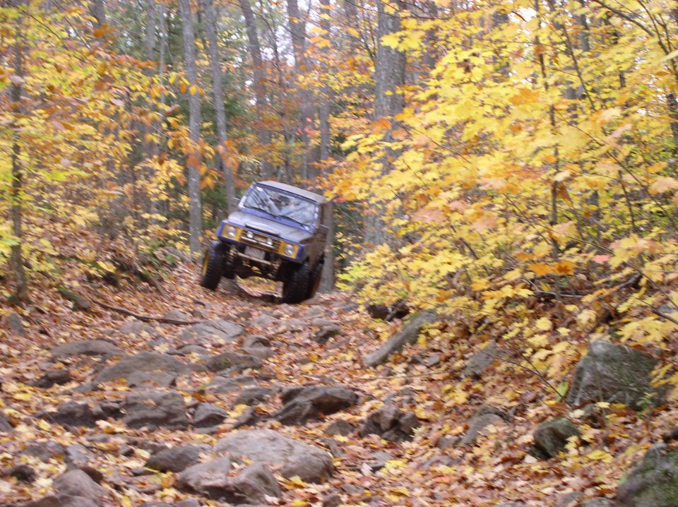 blue off-road vehicle navigating a rocky, leaf-covered trail in autumn woods