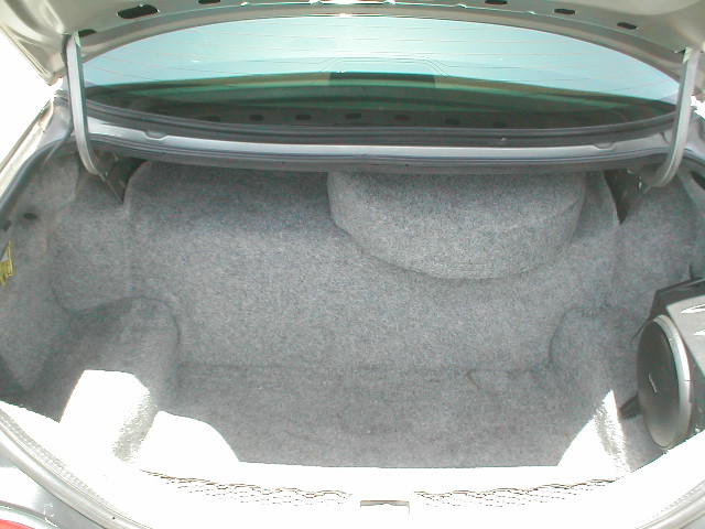 Empty car trunk showing the spare tire well and carpet lining