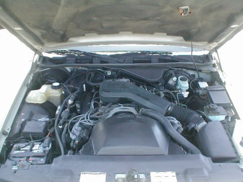 1994 Ford Crown Victoria - The engine bay of a 1994 Ford Crown Victoria is visible with the hood open, revealing the engine components and battery.