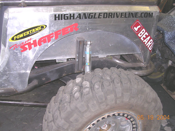 Off-road vehicle rear fender with 'Team Shaffer' and 'HIGHANGLEDRIVELINE.COM' decals