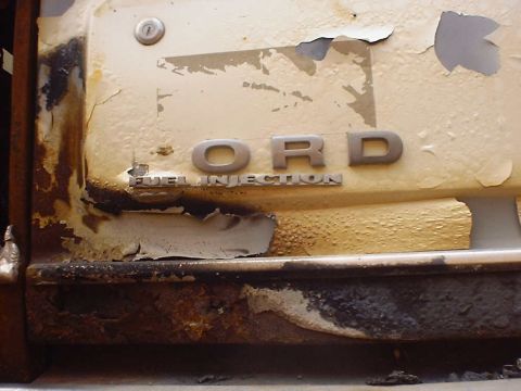 1988 Ford Bronco - The vehicle shows significant rust and peeling paint around the Ford emblem and fuel injection badge.