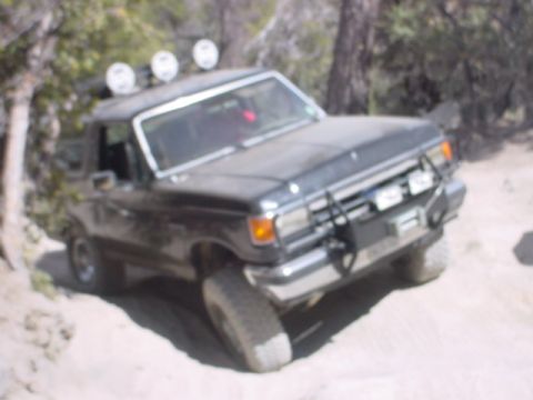 1988 Ford Bronco - This dark SUV, likely from 1987, is equipped with multiple off-road lights and is navigating a dirt trail.