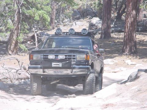 1988 Ford Bronco - This 1988 Ford Bronco navigates a challenging off-road path with trees and rocks surrounding it.