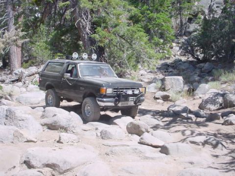 1988 Ford Bronco - Ford Bronco is shown off-roading on a rocky path surrounded by trees and boulders.