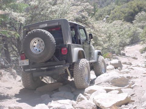 1988 Ford Bronco - A Jeep Wrangler navigates a challenging, rocky trail with dense foliage in the background.