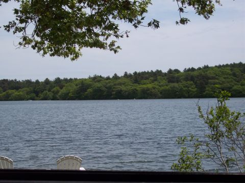 1990 Ford Bronco - View of a lake surrounded by trees, with two chairs placed near the water's edge.