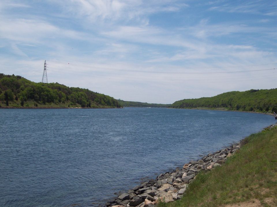 Waterway with tree-lined shores and a power line tower under a cloudy sky
