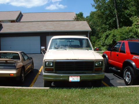 1985 Ford Bronco - A beige Ford F-Series truck is parked in a lot with other vehicles under a bright blue sky.
