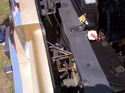 1991 Ford Crown Victoria LTD - Close-up of the engine bay of a gold 1991 Ford Crown Victoria LTD, showing mechanical parts and chrome accents.