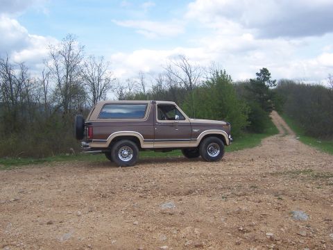 1984 Ford Bronco - A two-tone brown Ford Bronco is parked on a gravel road surrounded by trees under a cloudy sky.