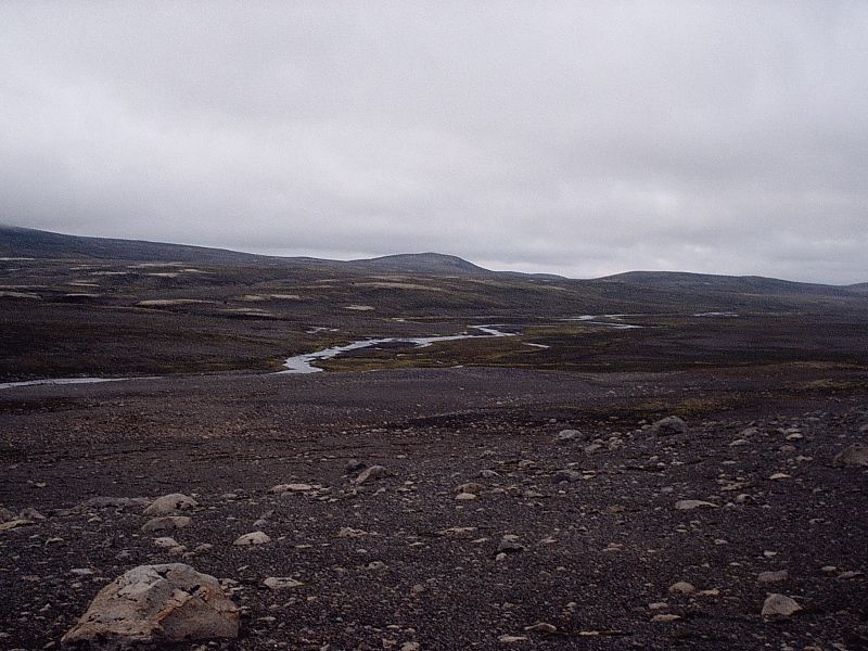 Rocky tundra landscape with braided river and hills under overcast sky
