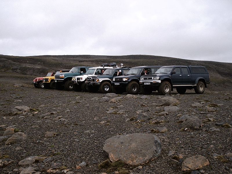 Row of lifted off-road 4x4 SUVs and a pickup parked on rocky terrain under gray sky