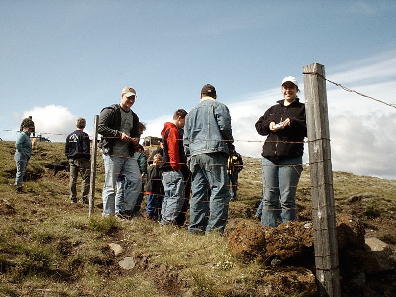 People standing by a barbed-wire fence on a grassy hill