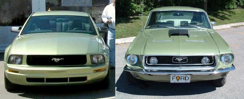 Side-by-side front view of green new Ford Mustang and classic 1968 Ford Mustang coupe