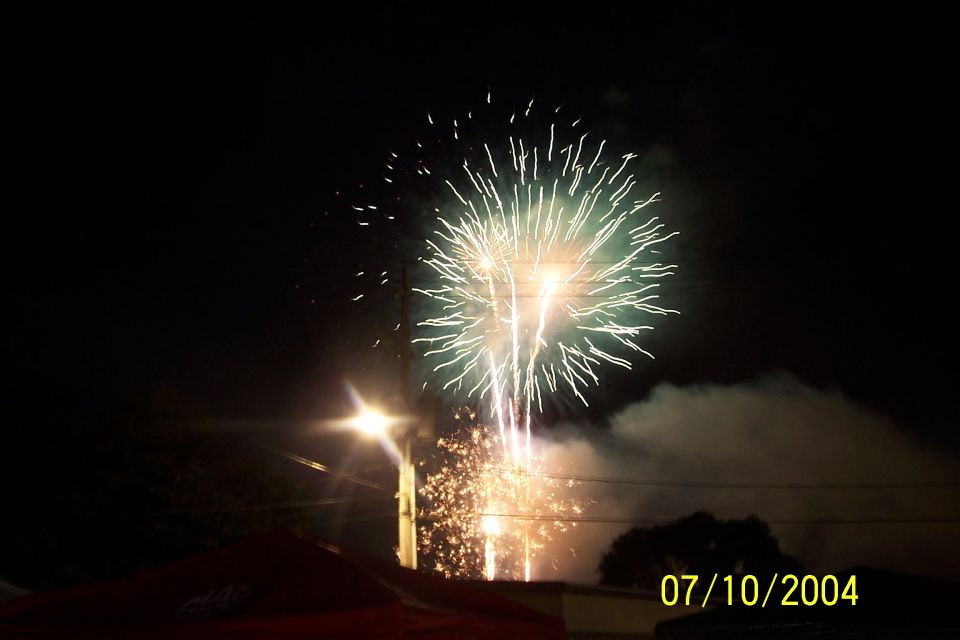 Fireworks explode in the night sky above a street light and dark trees