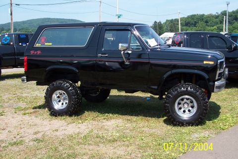 1979 Ford Bronco - This lifted 1979 Ford Bronco features red pinstripes and 4x4 decals, seen here at an outdoor event.