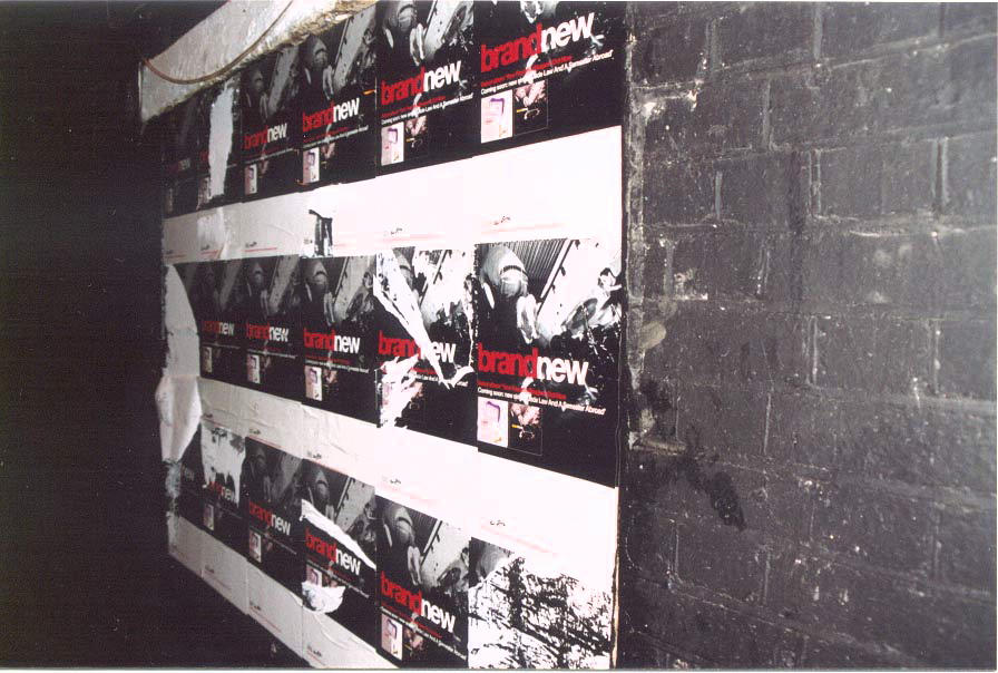 posters for 'brand new' plastered on a wall next to a brick surface