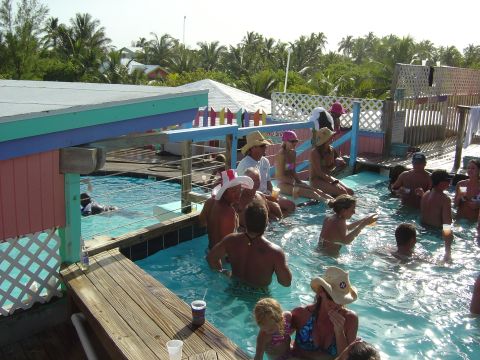 1993 Ford Bronco - A group of people enjoy a day at a pool bar in a tropical setting, with palm trees and colorful buildings in the background.