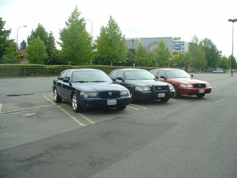 1999 Ford Crown Victoria - Three sedans, including a blue Mercury Grand Marquis, are parked in a lot on a cloudy day.