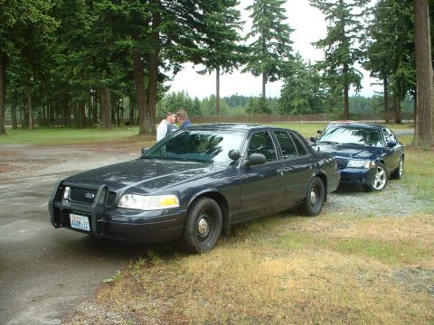 1999 Ford Crown Victoria - A dark 1999 Ford Crown Victoria, equipped with a push bar, is seen parked outdoors alongside another vehicle.