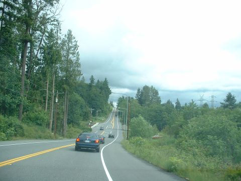 1999 Ford Crown Victoria - Several cars travel along a winding road bordered by trees under a cloudy sky.
