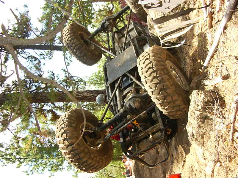 Off-road vehicle with large tires stuck on a steep, rocky hill with trees overhead