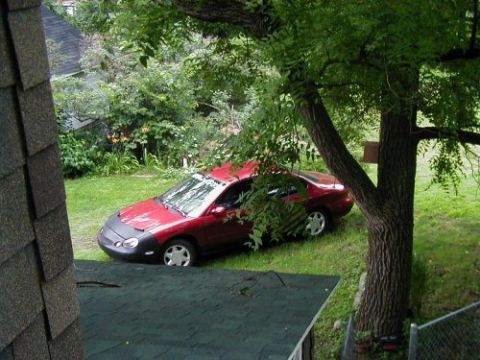 1997 Ford Taurus - Red sedan with a car bra parked on a lawn, partially obscured by trees.