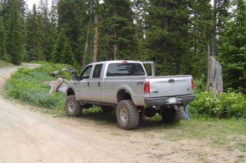 1993 Ford Bronco - A silver pickup truck with a lifted suspension is parked on a dirt road surrounded by trees.