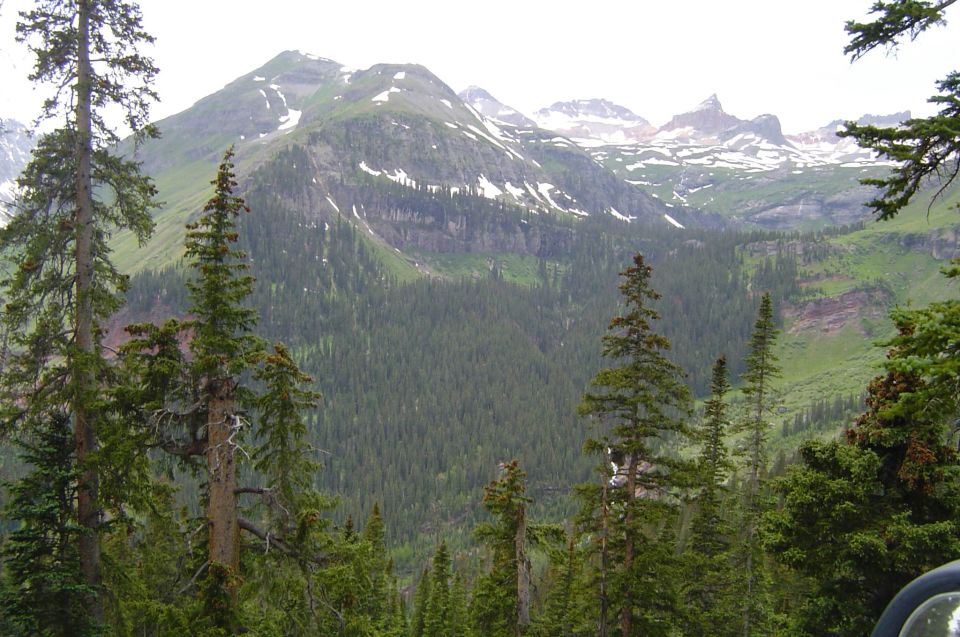 Snow-patched green mountain peaks above a spruce valley seen from a trail overlook
