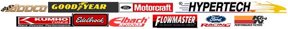 Collection of automotive brand logos including Goodyear, Motorcraft, Hypertech, Kumho, Edelbrock, Flowmaster, Ford Racing, and K&N