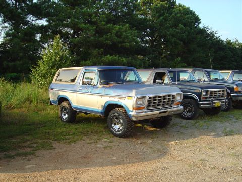 1986 Ford Bronco - A blue and beige Ford Bronco is parked in a line with other vehicles under a clear sky.