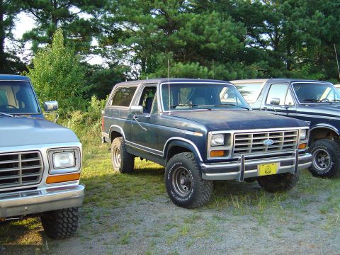 1986 Ford Bronco - A dark blue 1986 Ford Bronco is parked in a grassy lot alongside other vehicles.