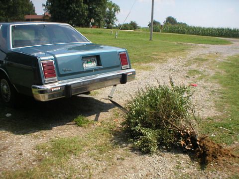 1987 Ford Crown Victoria LTD - A teal sedan is jacked up in a gravel driveway, with a bush and dirt pile next to it.