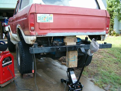 1979 Ford Bronco - This 1978 Ford Bronco is being worked on, supported by blocks and a jack.