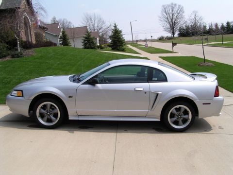 2000 Ford Mustang - A silver 2000 Ford Mustang coupe is parked on a concrete driveway in front of a suburban house.