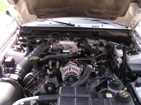 2000 Ford Mustang - The engine bay of a 2000 Ford Mustang, showing the V8 engine and associated components.