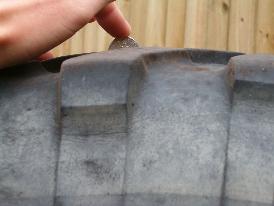 Close-up of tire tread with a coin for scale